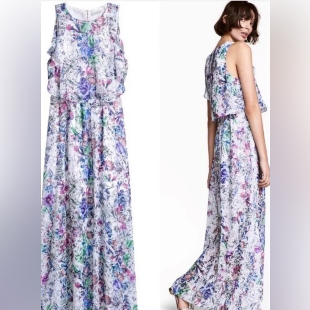 H&M~Lovely Floral Maxi Dress~Sleeveless~Ruffle Overlay~1/2 Lined~Size 6